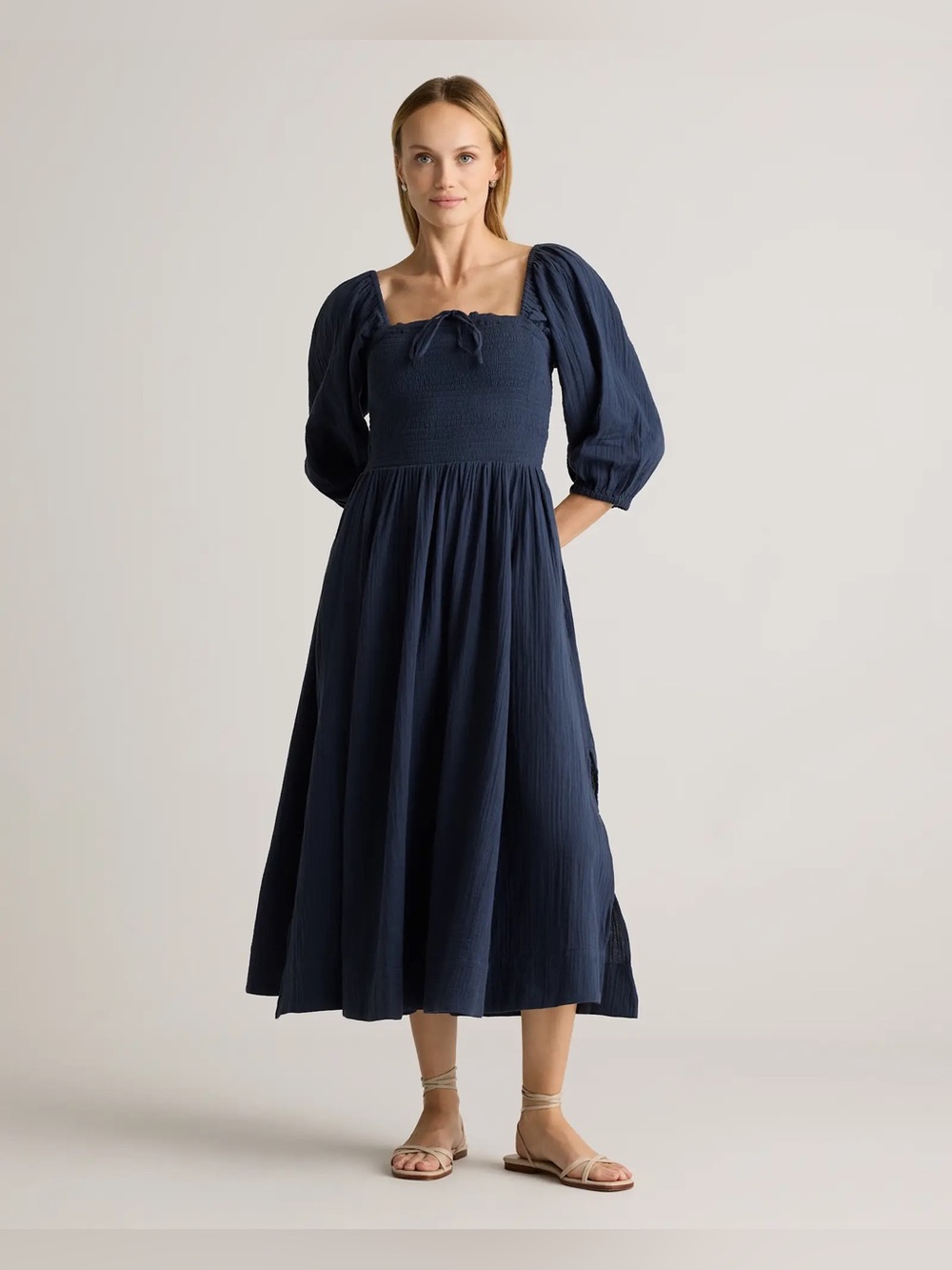 Quince 100% Cotton Gauze Smocked Square Neck Midi Dress Indigo Blue Size XL NWT